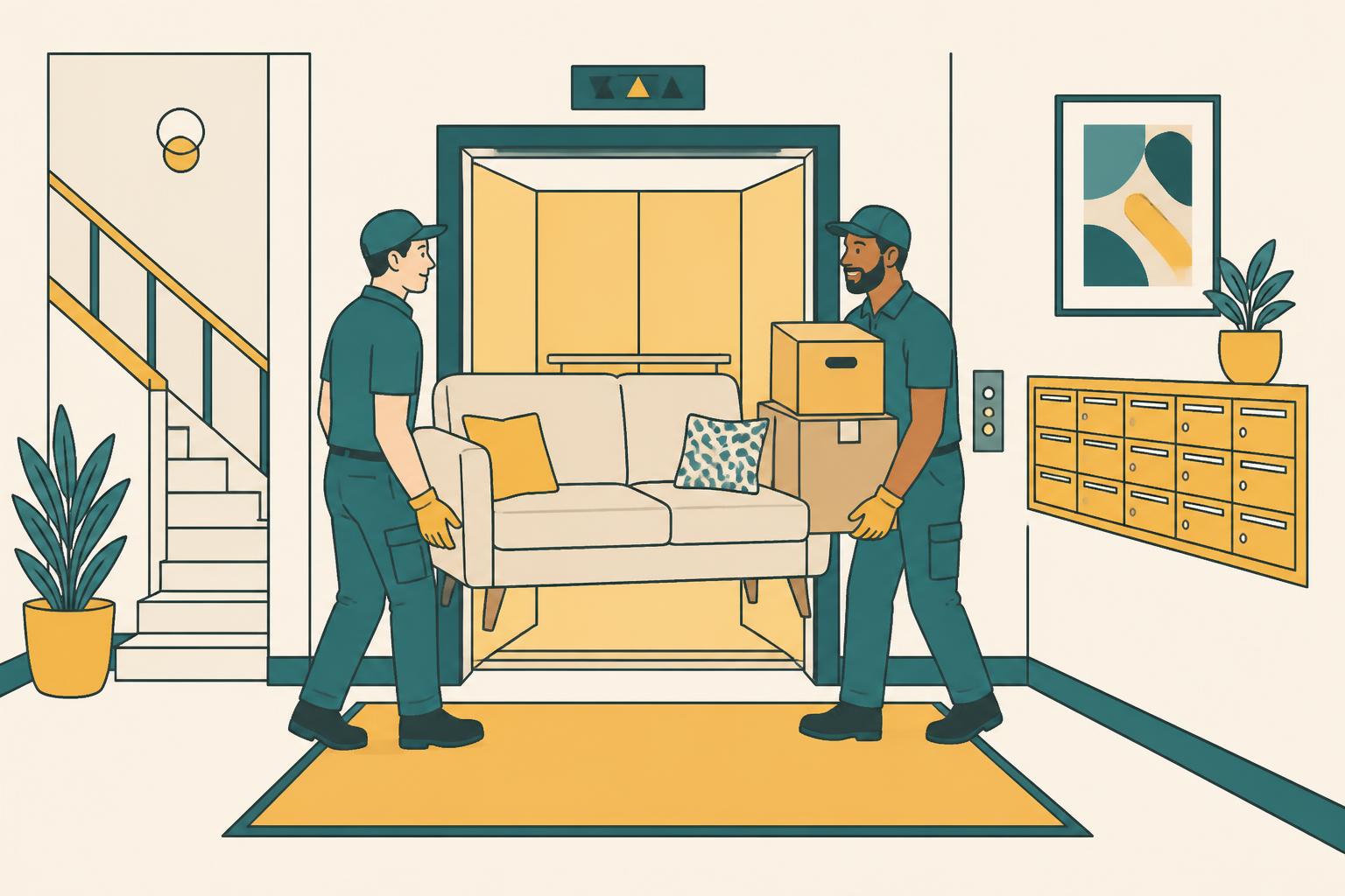 Hello Services clearance crew loading apartment furniture and a mattress carried out through a communal entrance into a licensed van in Flixton, Trafford — typical local substantial 1930s semis and detached houses with wide drives