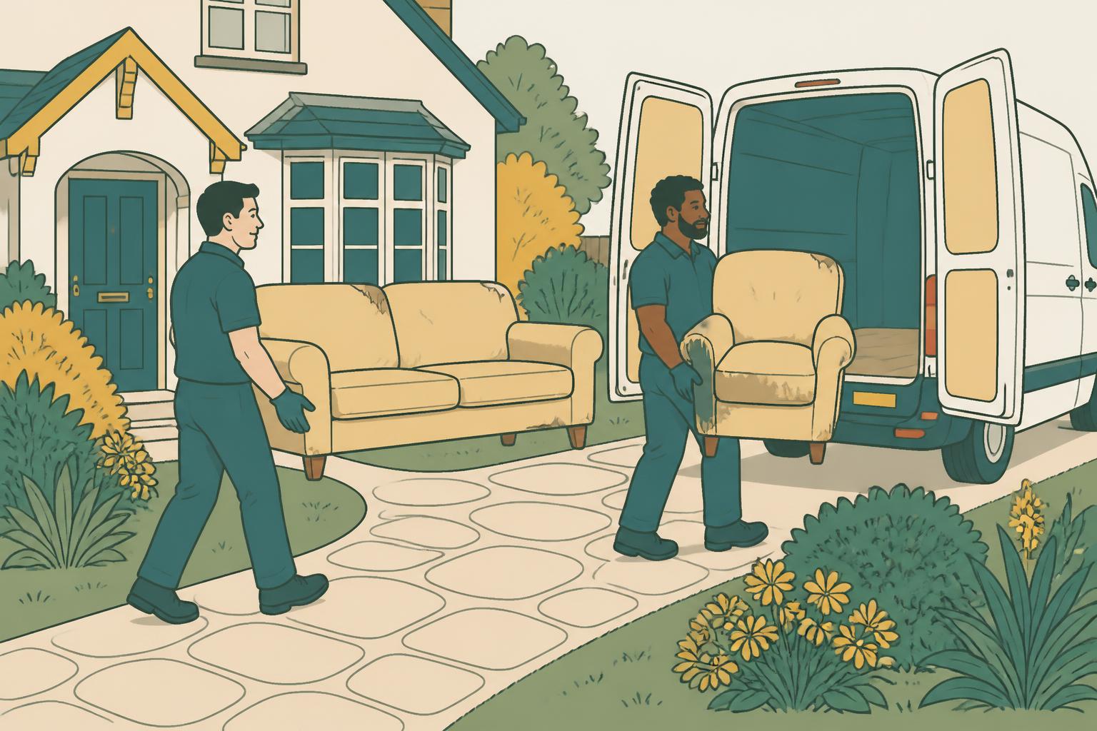 Hello Services clearance crew loading an old sofa, bed and wardrobe collected for disposal into a licensed van in Castleton, Rochdale — typical local stone and brick mill terraces along Manchester Road