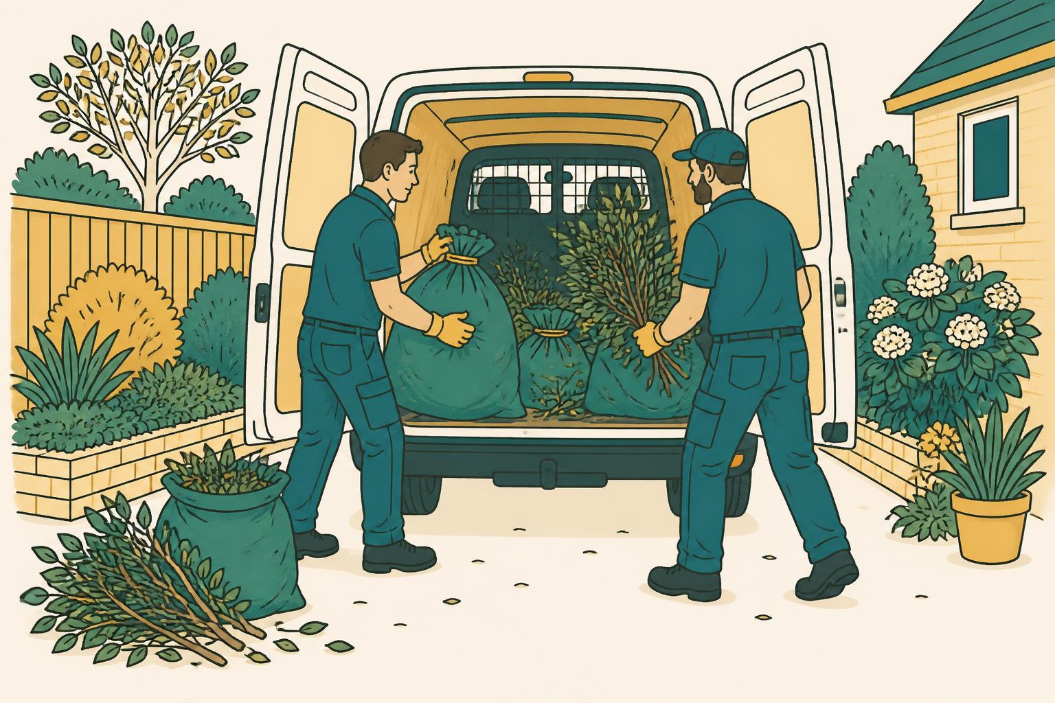 Hello Services clearance crew loading hedge cuttings and green waste bags into a licensed van in Haughton Green, Tameside — typical local postwar estate semis