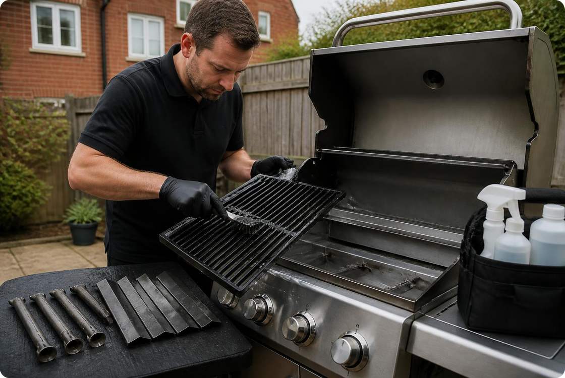 Charcoal and gas BBQ grates soaked and scrubbed on site during a Hello Services grill clean in Chadderton, Oldham, in a 1930s semis with bays and drives