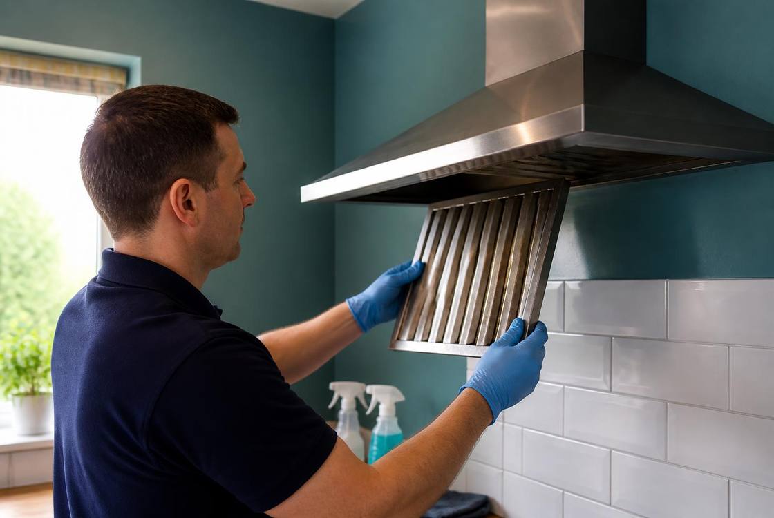 Insured, DBS-checked technician removing cooker hood grease filters for dip-tank cleaning in Hyde, Tameside near Hyde Town Hall and Werneth Low