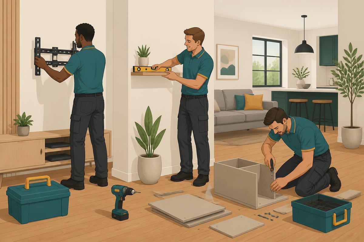 Hello Services handyman assembling furniture in a London flat