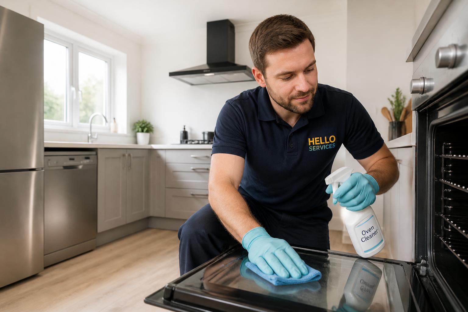 Hello Services technician carrying out cooker cleaning in a domestic kitchen in Ashton-under-Lyne, Tameside — typical local stone and brick terraces