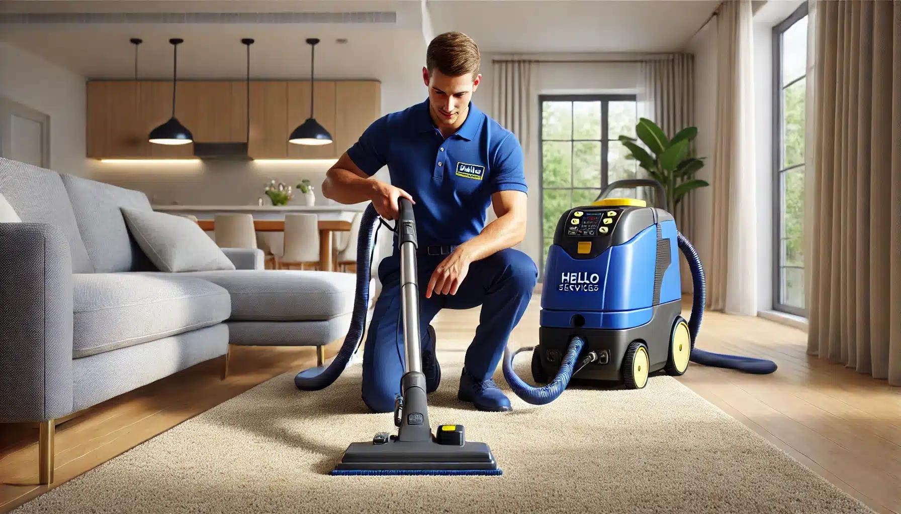 Hello Services carpet cleaning technician hot-water extracting a living-room carpet with a professional machine