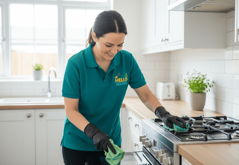 Hello Services cleaner degreasing a gas hob and cooker top with professional products and gloves