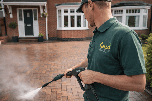 Block-paved driveway restored by jet washing in Greater Manchester — Jet washing by Hello Services