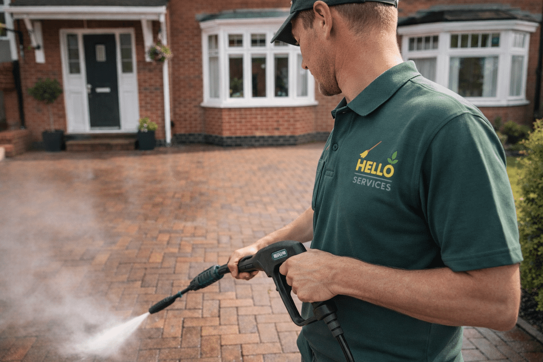 Hello Services technician jet washing a block-paved driveway in Greater Manchester