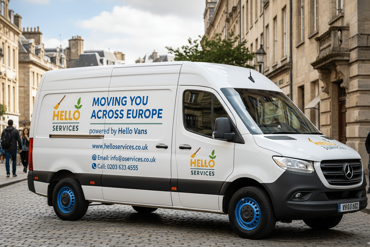 Hello Services van signwritten Moving You Across Europe parked on a European street ready to load
