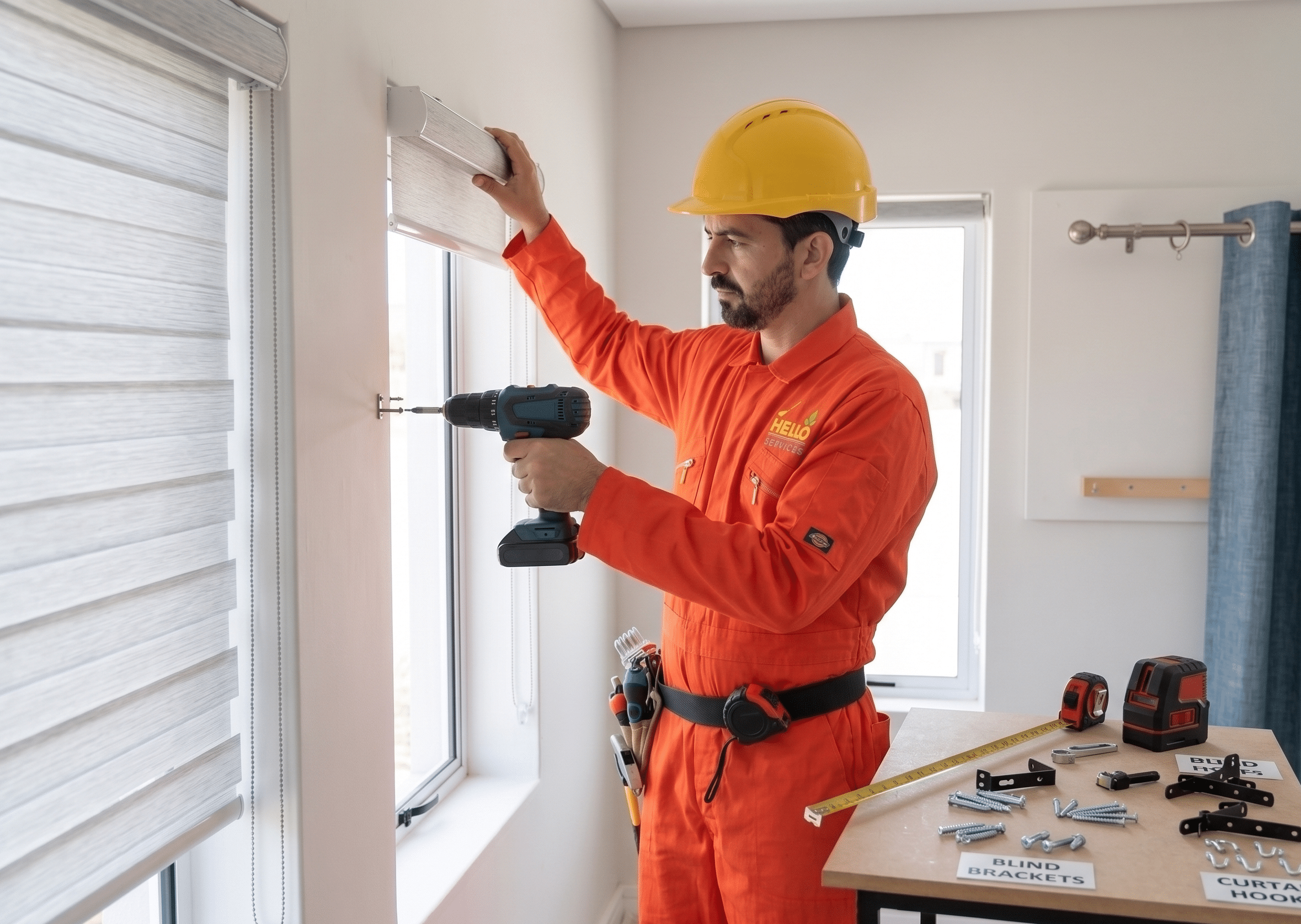 Hello Services photograph of a blind fitter fixing a curtain pole above a bay window in Manchester City Centre, Manchester