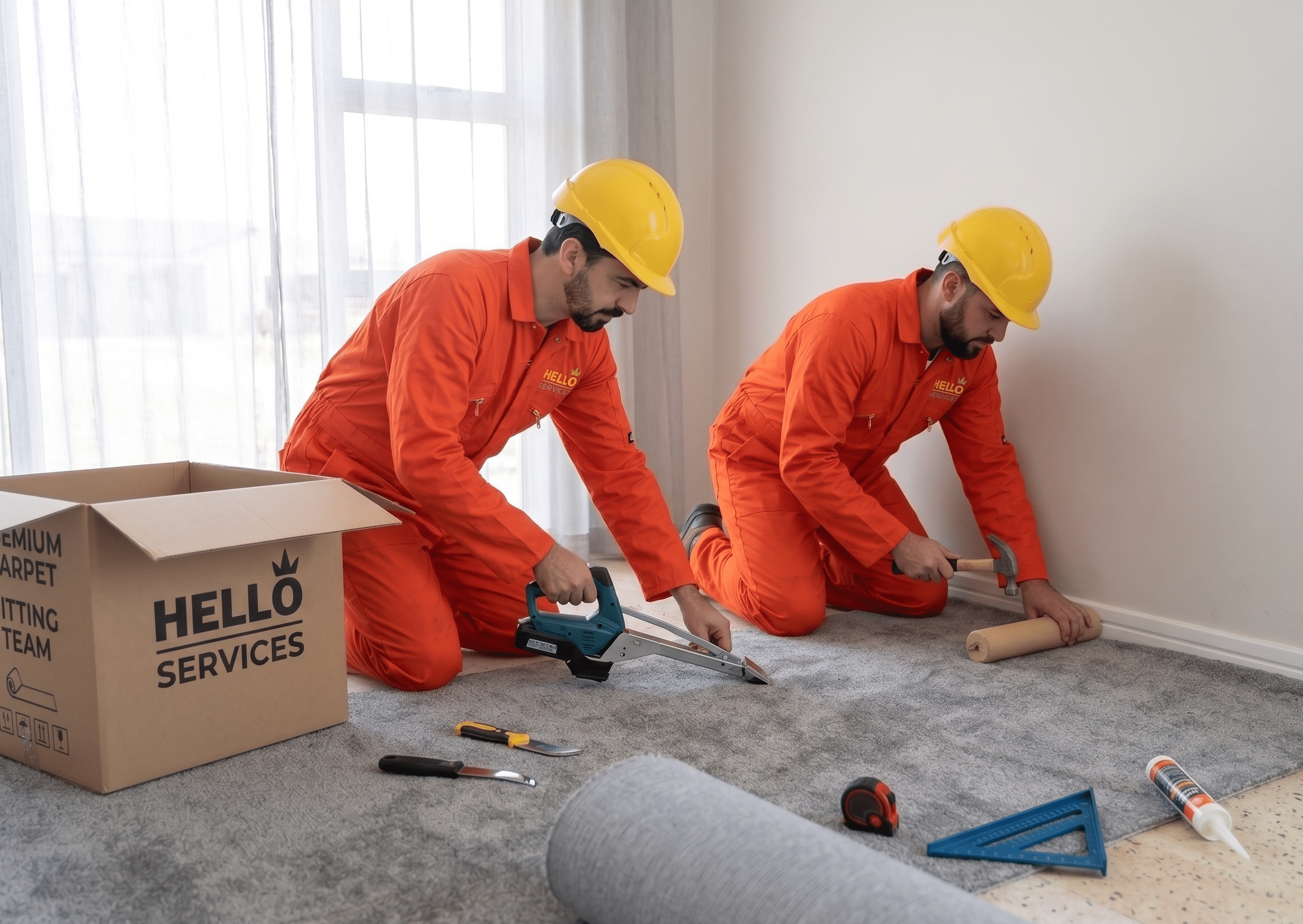 Branded Hello Services photograph: floorcovering fitter stretching carpet onto gripper rods at a room edge with a carpet trimmer on a booked visit in Manchester City Centre, Manchester