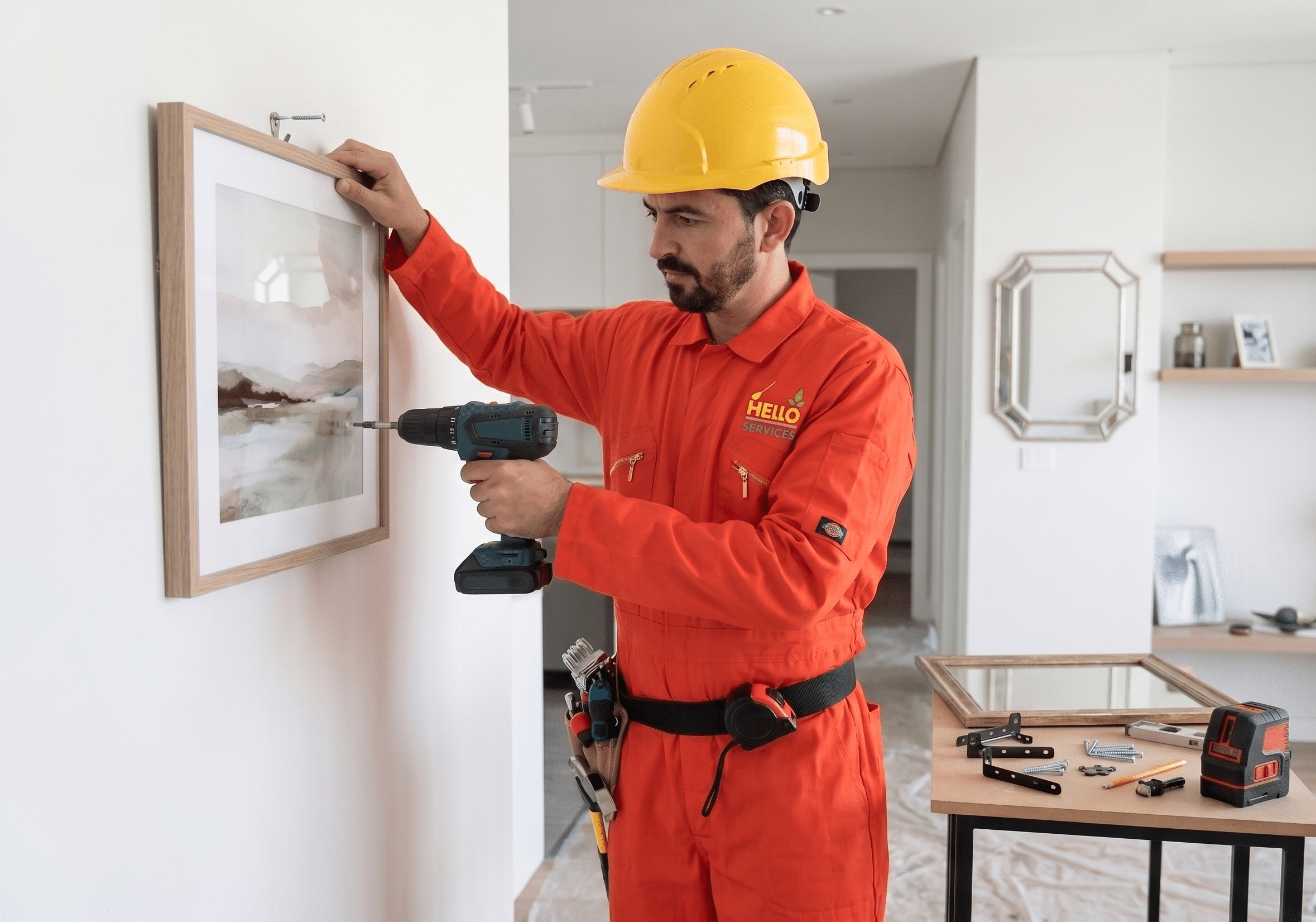 Flat vector Hello Services scene: fixings technician fitting D-rings and wire to the back of a large canvas in a living room for a customer in Manchester City Centre, Manchester