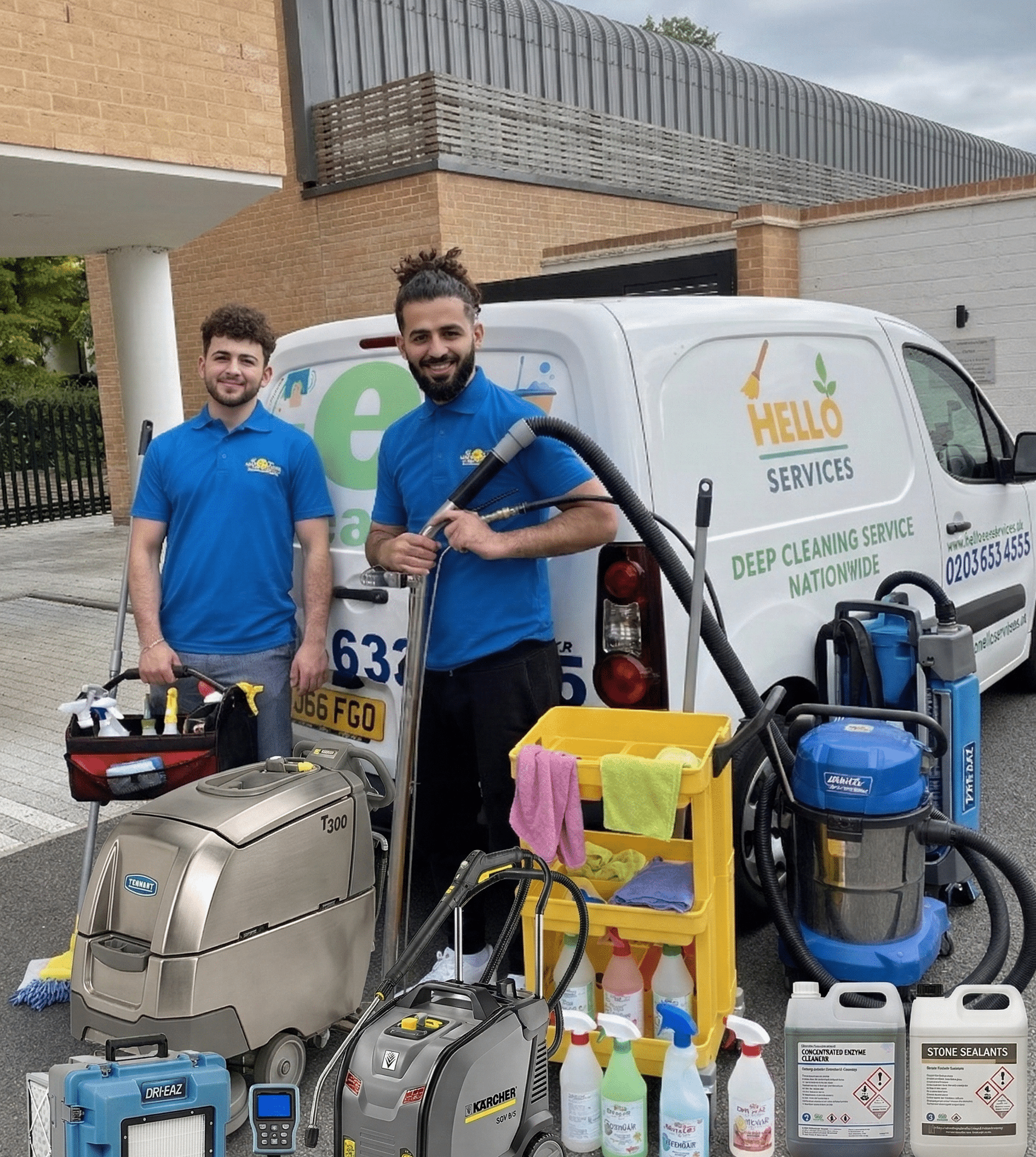 Hello Services cleaning operative unloading a professional extraction machine and cleaning caddy from the branded van — Willesden NW10