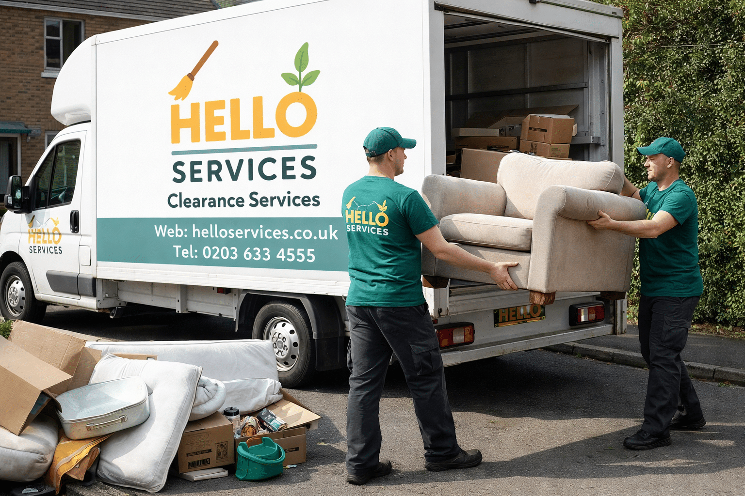Hello Services clearance crew loading a sofa and sorted household items into a branded clearance van outside a house