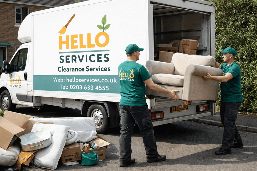 Hello Services clearance crew loading a sofa and sorted household items into a branded clearance van outside a house