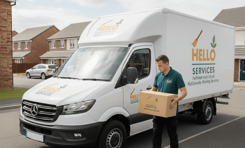 Hello Services mover wheeling packed boxes on a sack trolley into a branded removals van outside a home