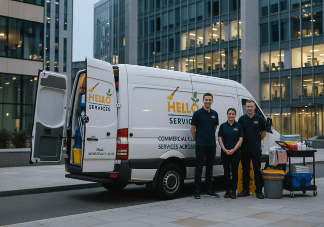 Reception and staff areas maintained by the same site team — Commercial cleaning by Hello Services