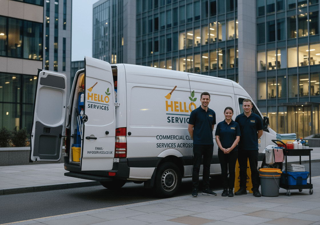 Commercial cleaning operative servicing an open-plan Greater Manchester office out of hours