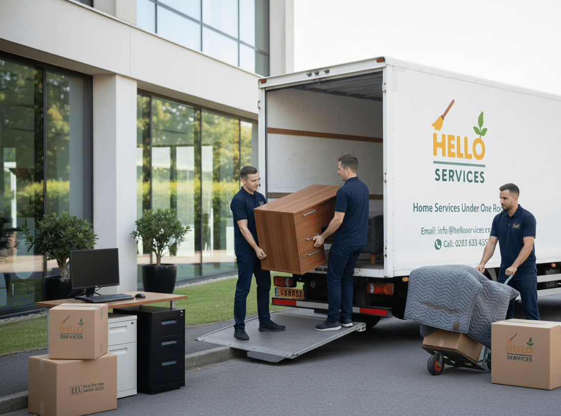 Hello Services office removals crew wheeling desks and IT equipment out to a branded lorry at a commercial move