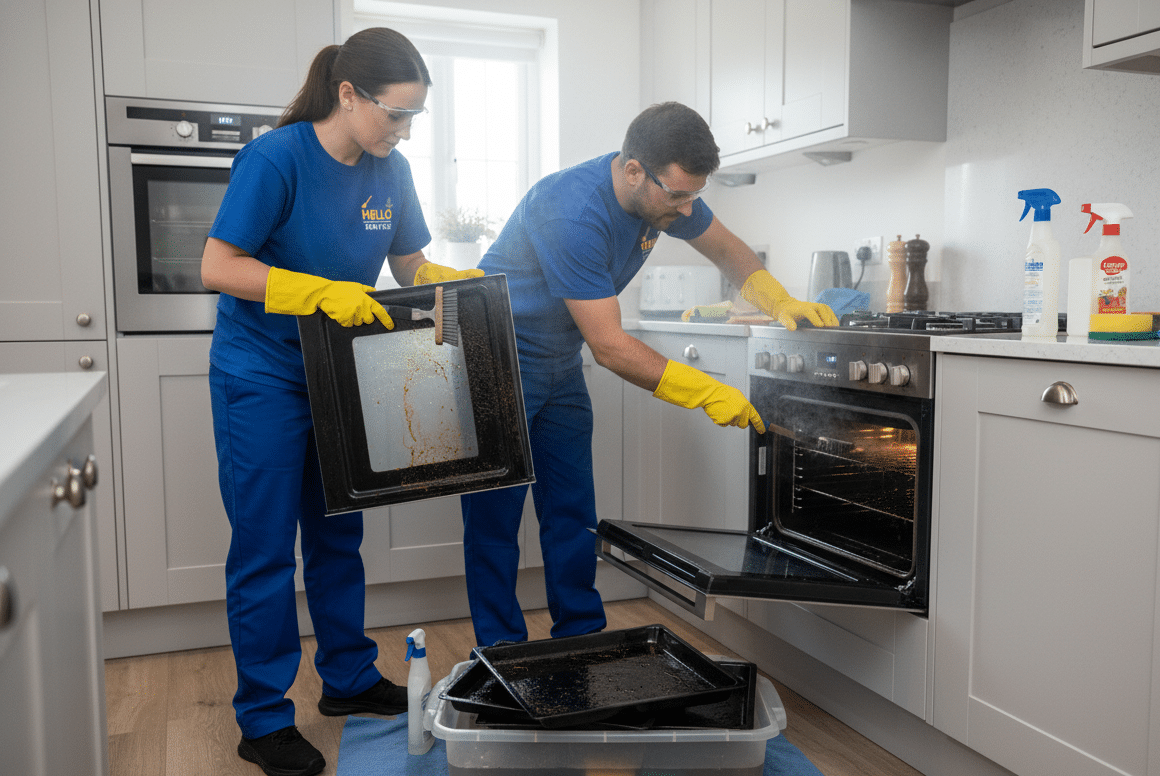 Two Hello Services technicians dip-cleaning oven racks and degreasing an oven interior in a home kitchen — appliance cleaning in Carshalton, SM5