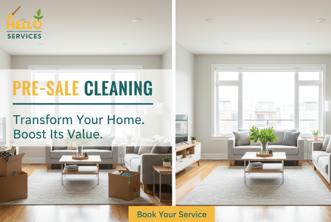 Hello Services pre-sale cleaning before and after of a living room prepared for estate agent photographs