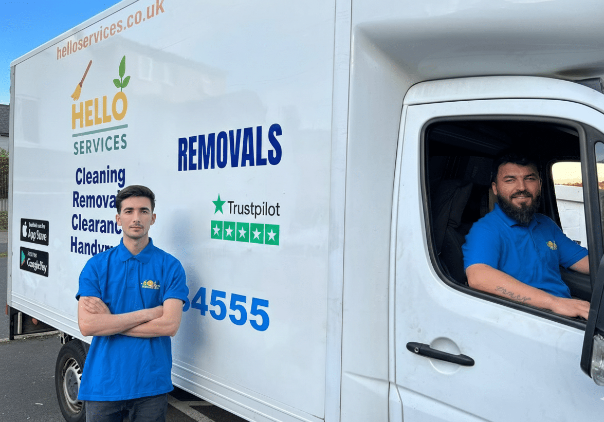 Hello Services removals van with a crew member at the wheel, signwritten with cleaning, removals and clearance services