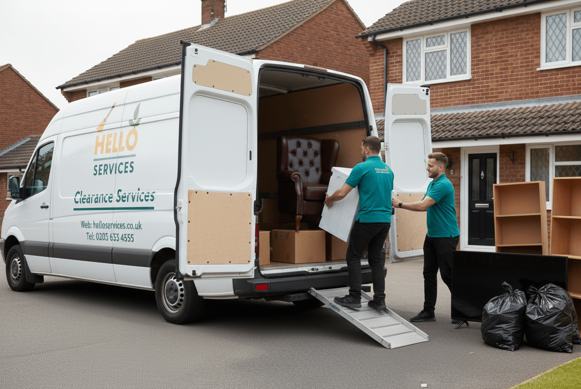 Hello Services clearance van with the ramp down as two crew members load bagged and sorted waste for recycling