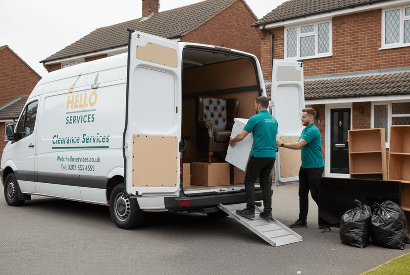 Hello Services clearance van with the ramp down as two crew members load bagged and sorted waste for recycling