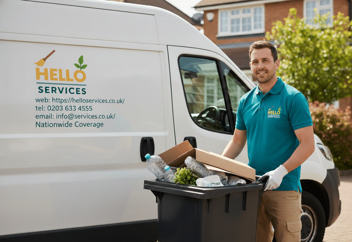 Hello Services operative tipping sorted household rubbish into a bin beside a branded waste removal van