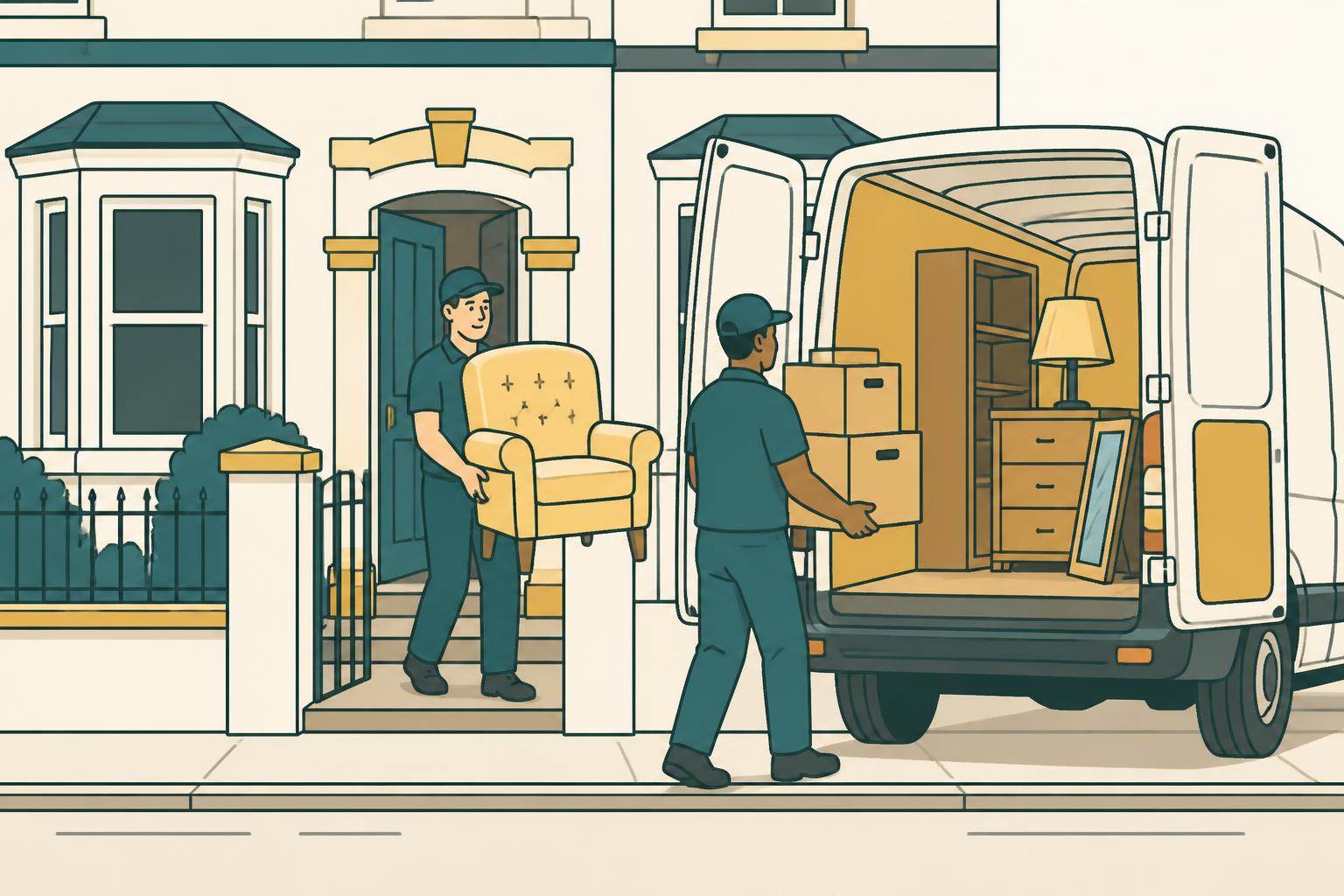 Hello Services clearance crew loading household furniture and bagged waste into a licensed van in Old Trafford, Trafford — typical local large Victorian and Edwardian terraces with tiled paths and bays