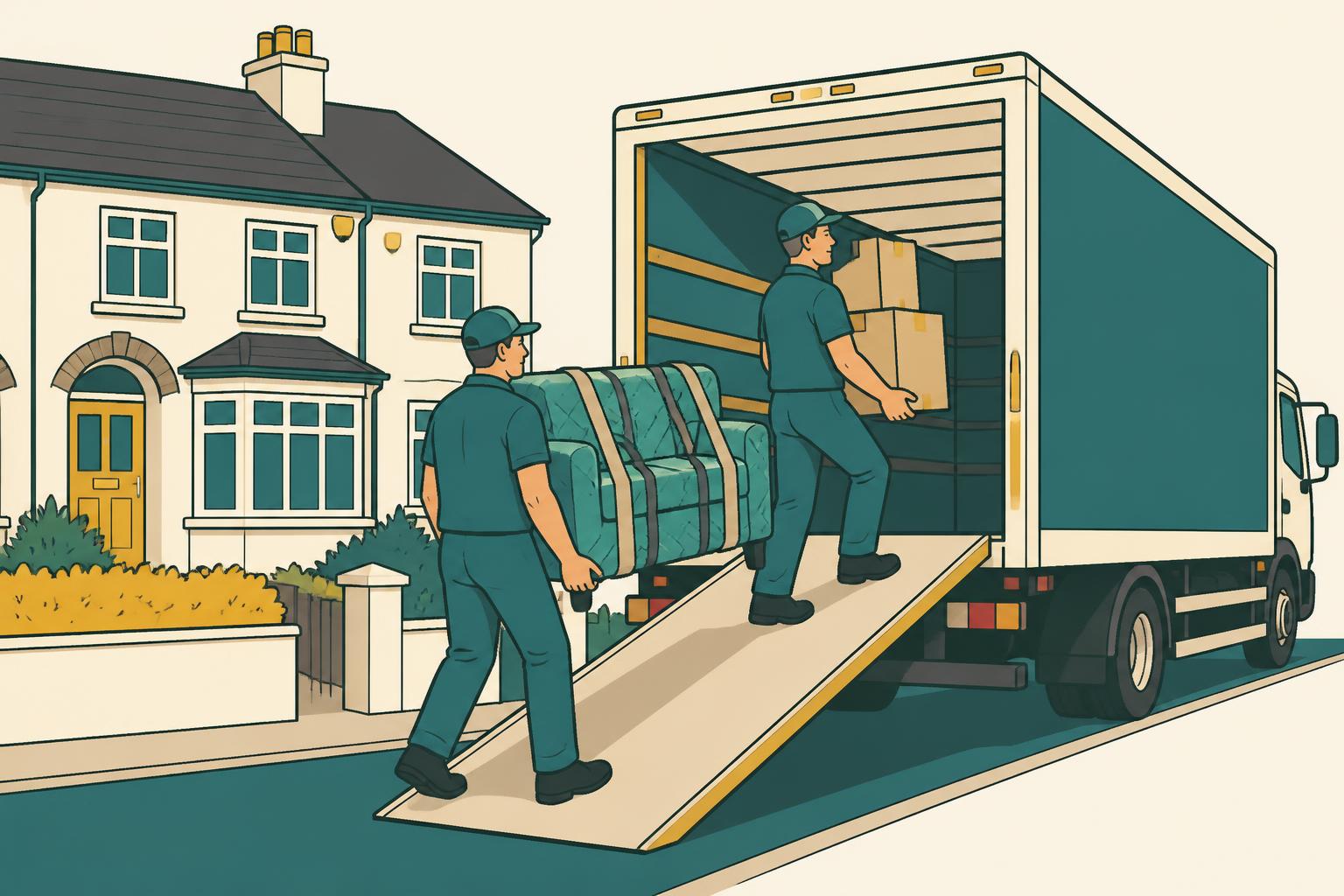 Illustration of a Hello Services removals crew loading blanket-wrapped furniture into a Luton van outside a terraced house