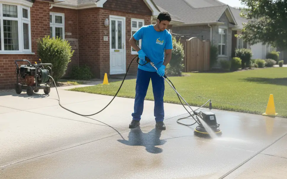 Hello Services operative pressure washing a driveway with a rotary surface cleaner, clean stripes behind him