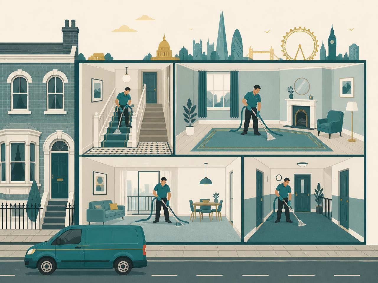 Illustration of carpet cleaning across London housing stock — a Victorian stair runner, a period front room rug, a new-build flat and a communal corridor — carpet cleaning in Uxbridge, UB8