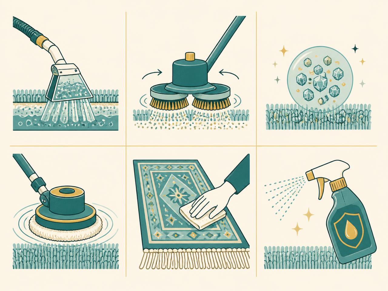 Illustration of six carpet cleaning methods — hot water extraction, dry compound brushing, encapsulation, bonnet pad, hand rug cleaning and stain protection — Uxbridge UB8