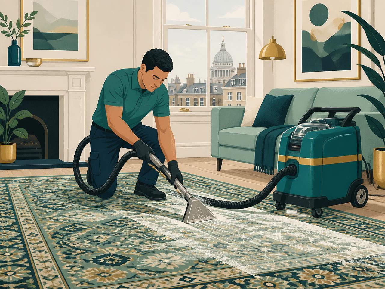 Illustration of a Hello Services cleaner deep cleaning a patterned wool rug in a London flat living room with an extraction machine — carpet cleaning in Hammersmith, W6