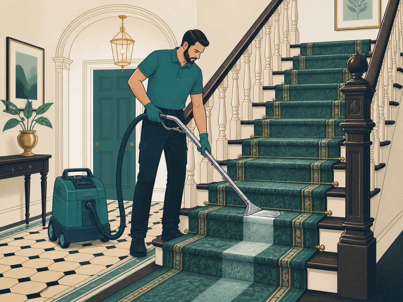 Illustration of a Hello Services technician hot water extracting a Victorian stair runner, leaving a clean stripe down the treads — carpet cleaning in Roehampton, SW15
