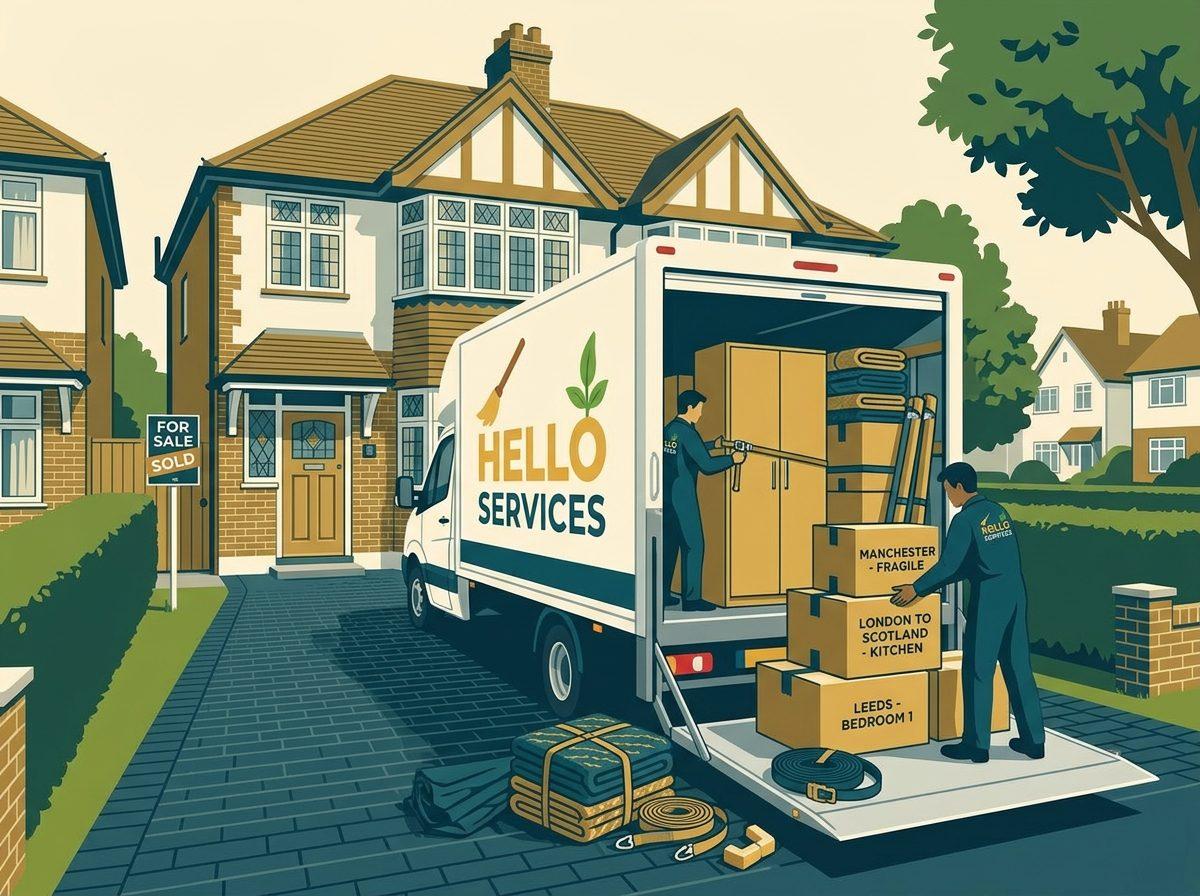 Illustration of the branded Hello Services Luton van reversed onto a suburban London driveway, tail lift down, wardrobe and destination-labelled boxes being strapped for a cross-country move