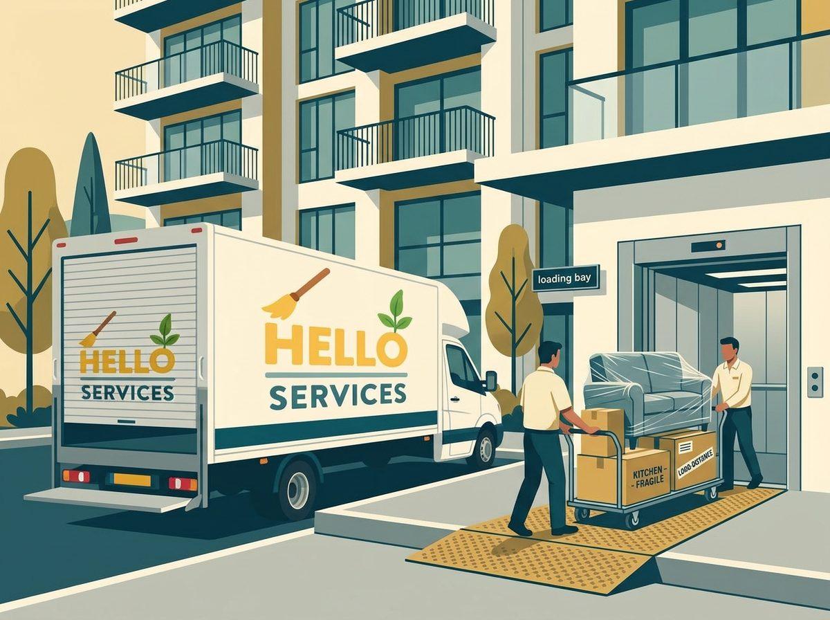 Illustration of Hello Services movers using an apartment block loading bay and goods lift to load the branded Luton van for a long-distance departure from London