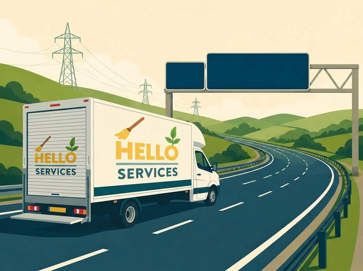 Illustration of the branded Hello Services Luton van on a UK motorway run, loaded and strapped for a long-distance move out of London