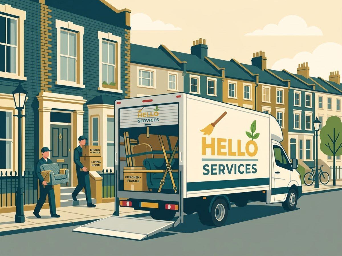 Illustration of a Hello Services crew loading the branded Luton van outside a London terraced house, blanket-wrapped furniture and labelled boxes strapped for a long-distance run
