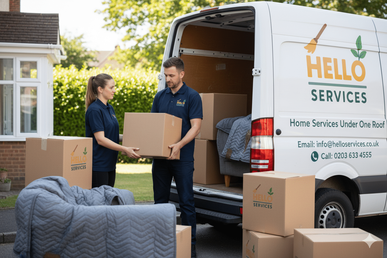 Hello Services removals crew loading a van for a UK house move