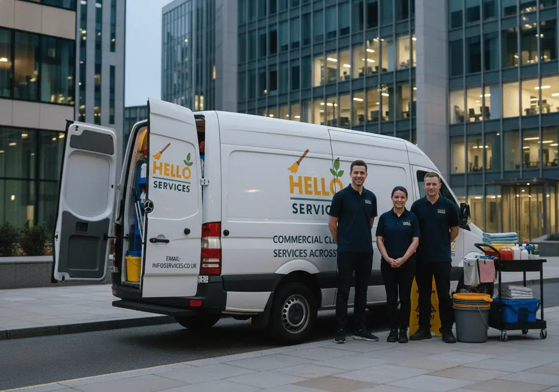 Hello Services office cleaning team with their branded van and cleaning trolley outside a city office building