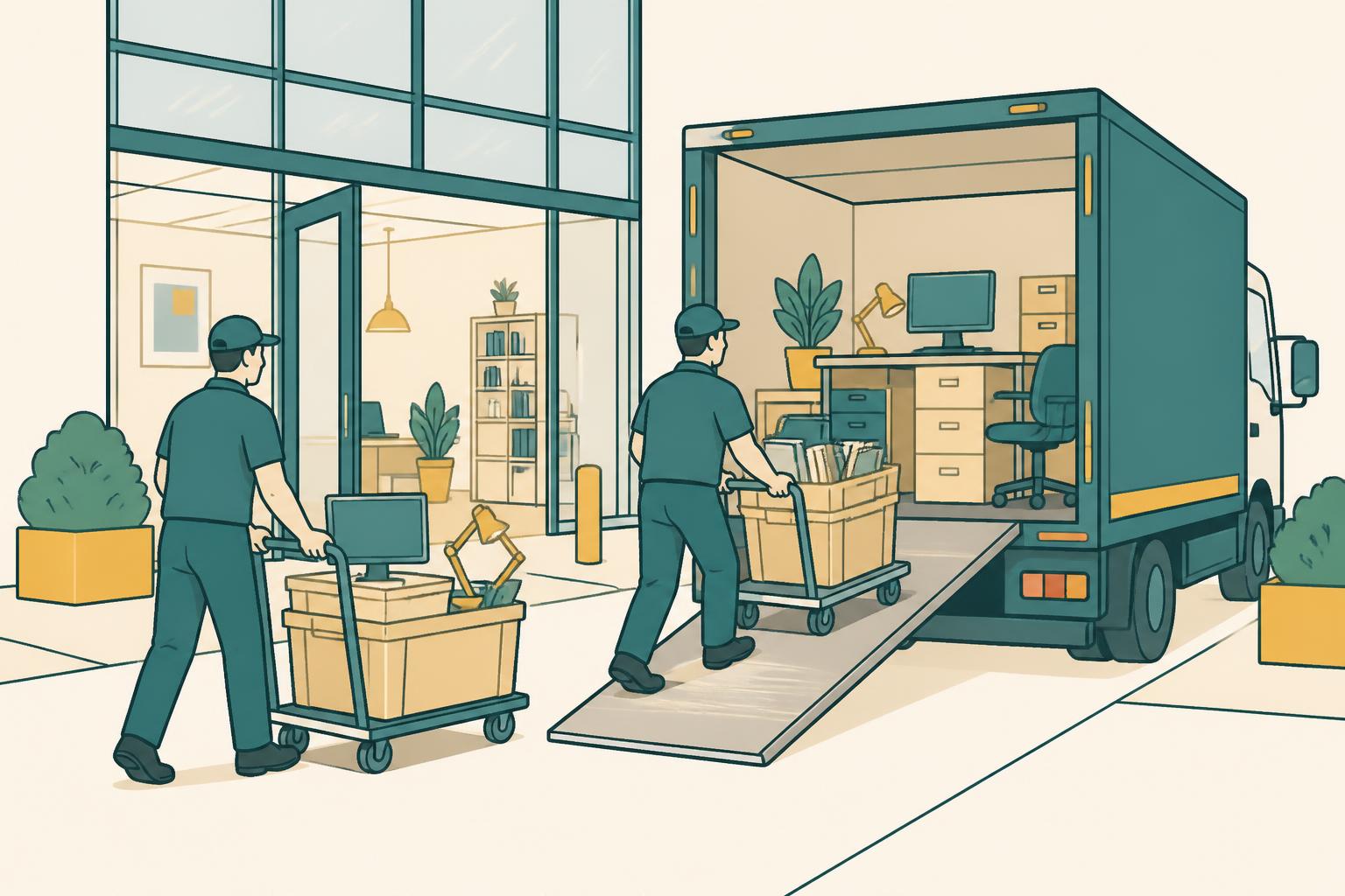 Hello Services crew loading labelled office crates and desk pedestals into a removals lorry