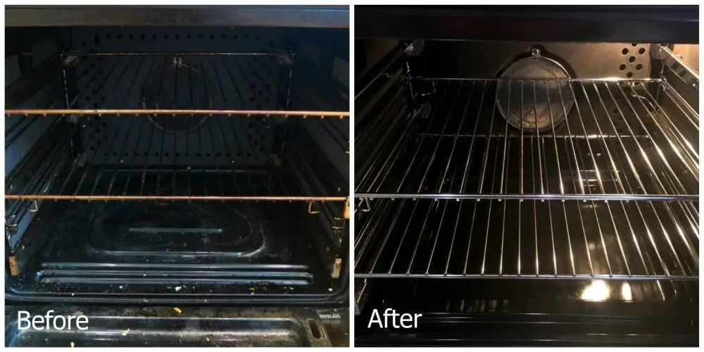 Before and after of an oven interior: greasy, blackened racks and walls on the left, clean shining racks and enamel on the right