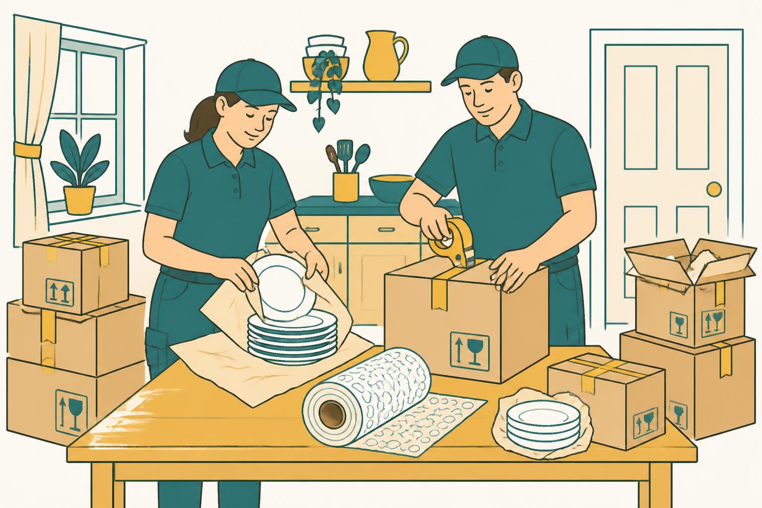 Hello Services packers wrapping and boxing household items into cartons
