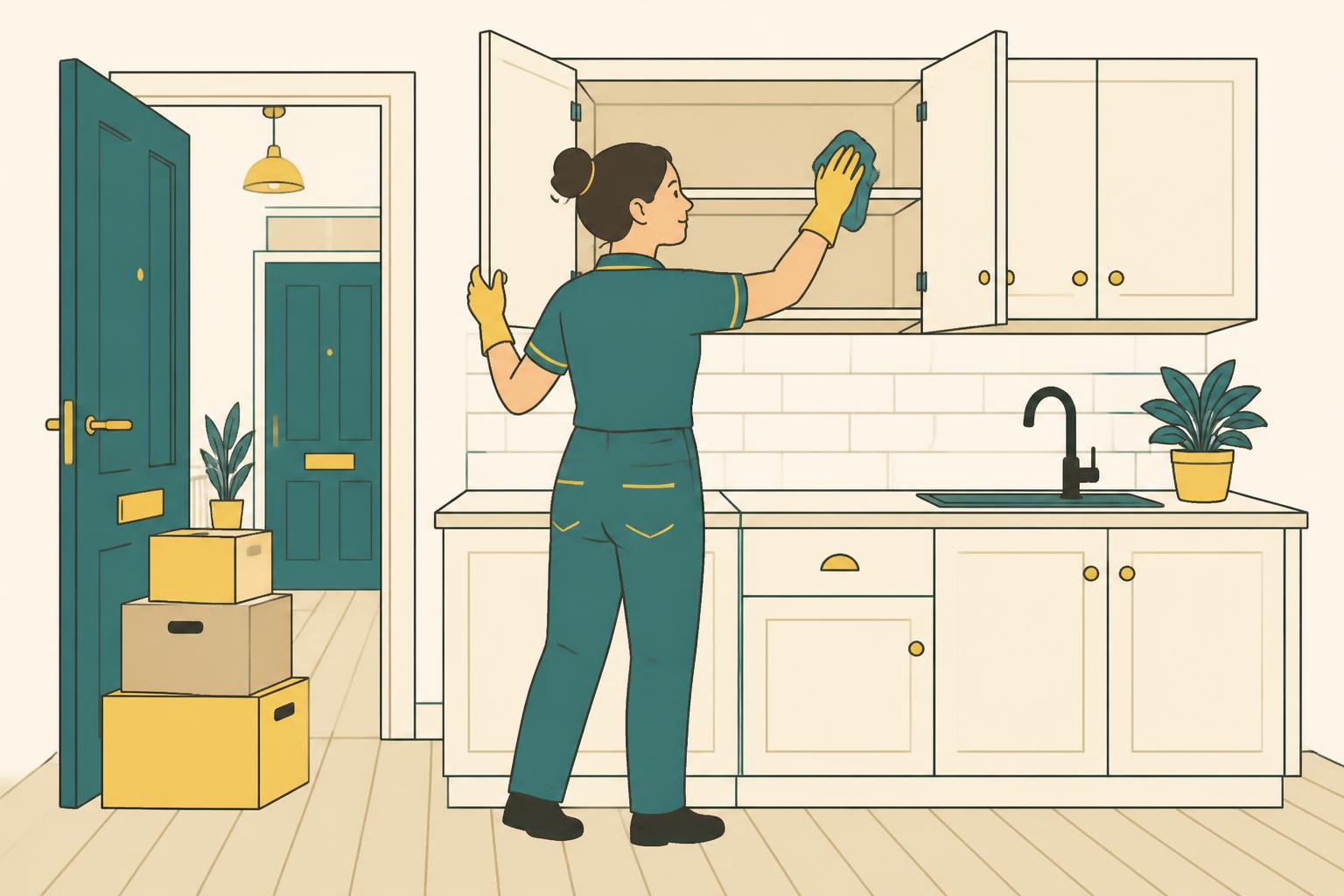 Hello Services team cleaning empty cupboards and floors before a move into Hollinwood, Oldham