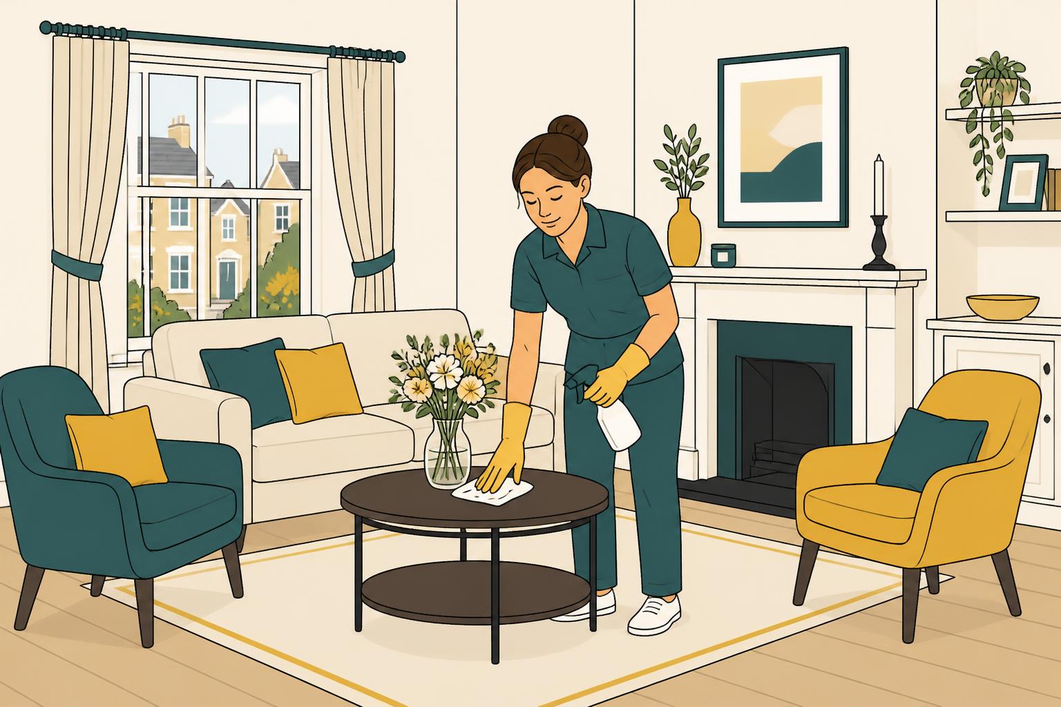 Hello Services cleaner carrying out cleaning services in Haughton Green, Tameside — typical local postwar estate semis