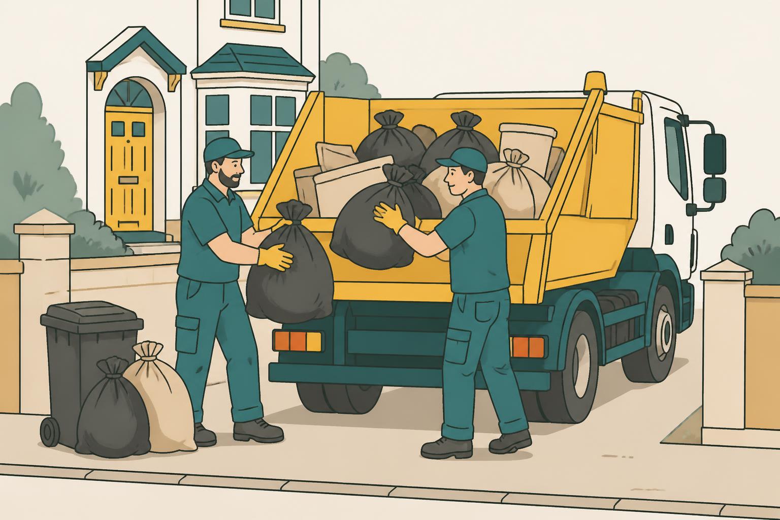 Hello Services clearance crew loading bagged household rubbish and bulky items into a licensed van in Offerton, Stockport — typical local interwar semis on the lower slopes