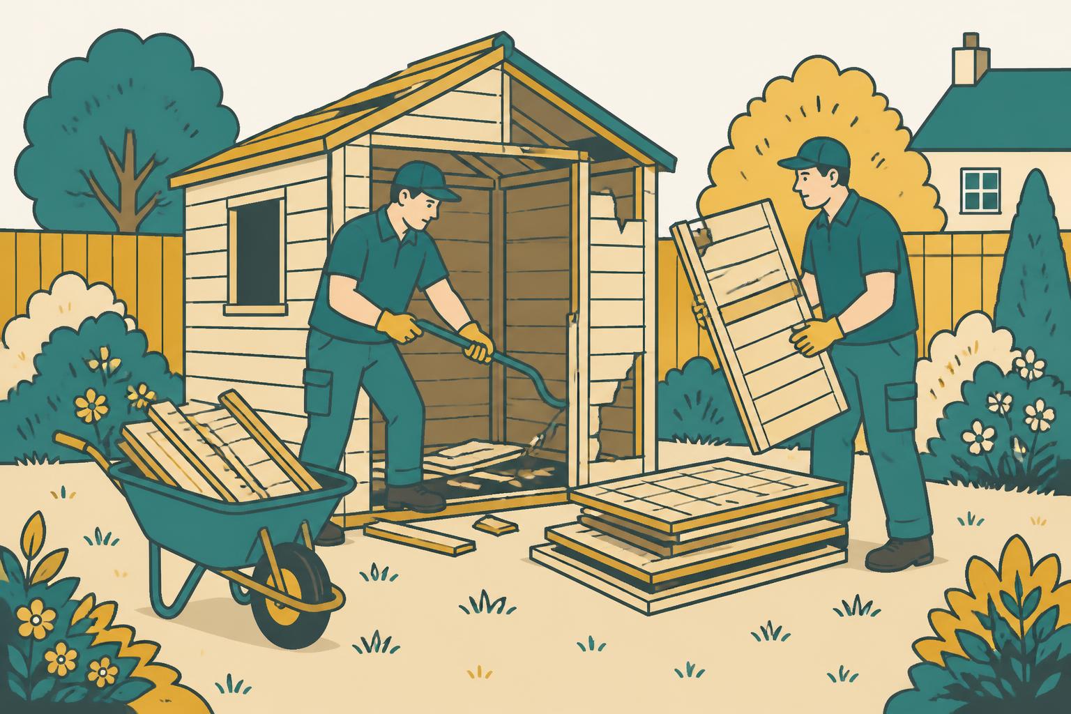 Hello Services clearance crew loading dismantled shed panels and cleared garden storage into a licensed van in Castleton, Rochdale — typical local stone and brick mill terraces along Manchester Road