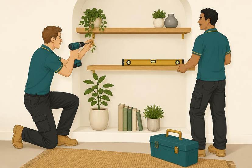 Illustration of a Hello Services handyman fitting floating shelves in a living room alcove — Shelf Installation — Handyman & Assembly Services