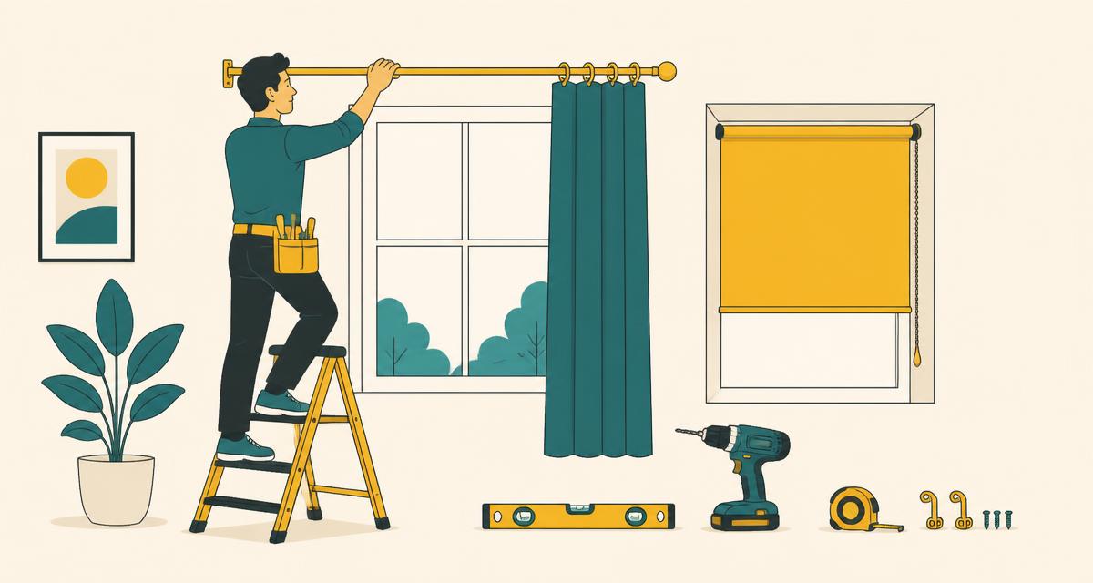 Hello Services illustration of a fitter on a step ladder installing a curtain pole beside a roller blind, with a drill, spirit level and brackets laid out